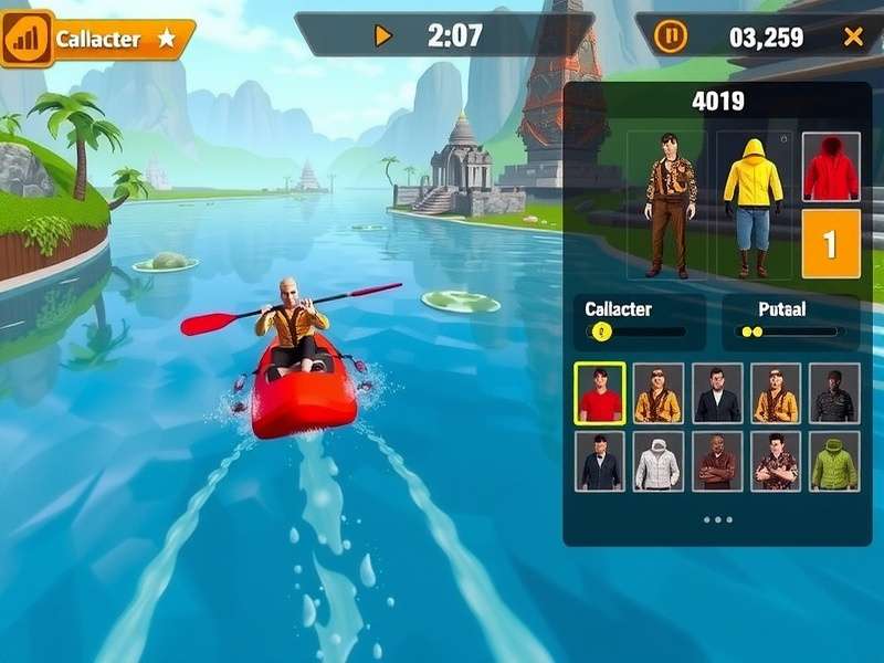 River Rider Madness character customization screen showing various outfits and accessories