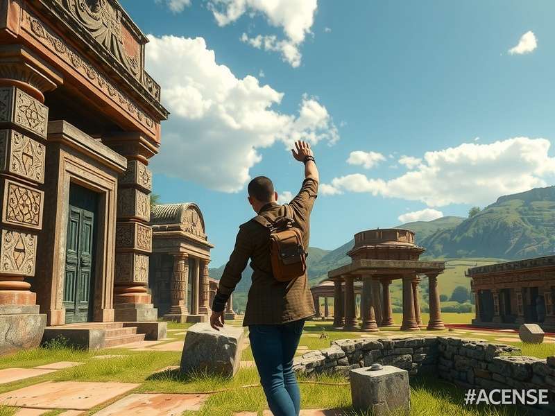 Character interacting with historical artifacts in Hampi Ruins Quest