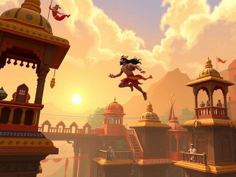 Hanuman Divine Flight gameplay screenshot showing character flying