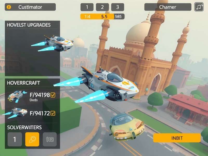 Hyderabad Hover Explorer gameplay screenshot showing futuristic hovercraft flying over Charminar