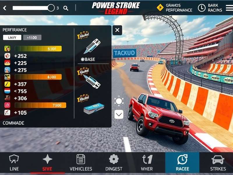 Power Stroke Legend vehicle customization interface showing performance upgrades
