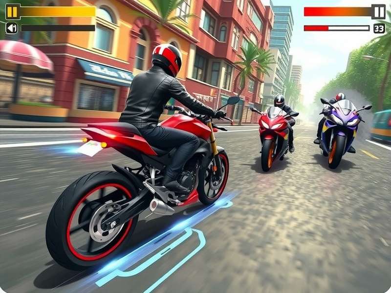 Delhi Royals Motorcycle Racing gameplay screenshot showing urban environment