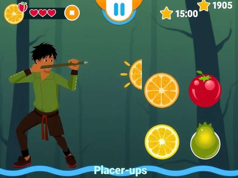 Fruit Ninja Power Slice gameplay screenshot showing fruit slicing action