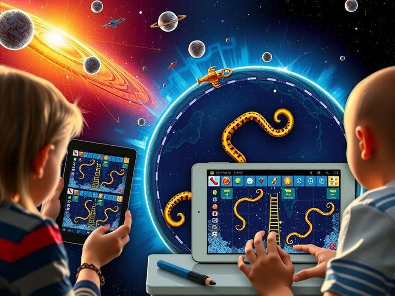 Game board layout of Snakes And Ladders Galaxy showing snakes, ladders and player tokens