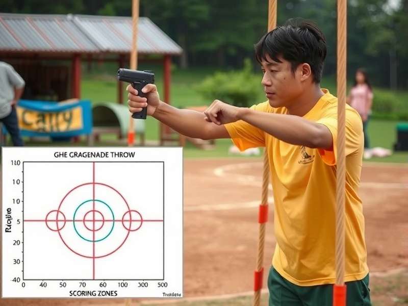 Diagram showing Ghee Grenade Throw scoring zones and distances
