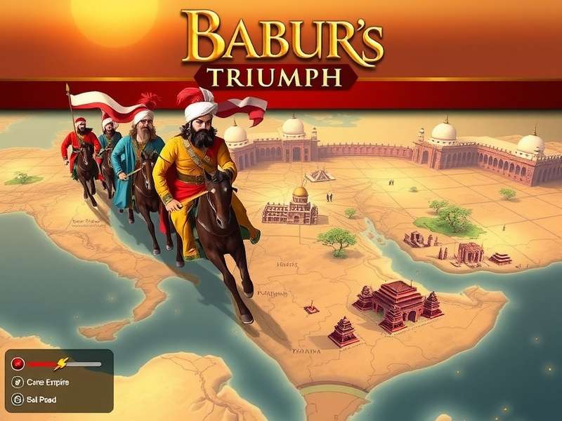 Babur S Triumph game banner showing Mughal warriors and empire map