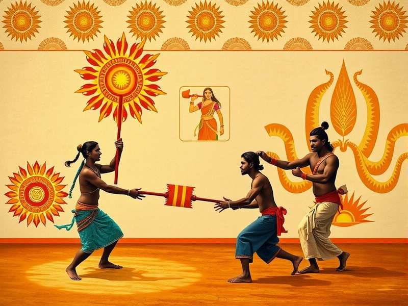 Traditional Surya Radiance Mace equipment display including ceremonial maces and arena markings