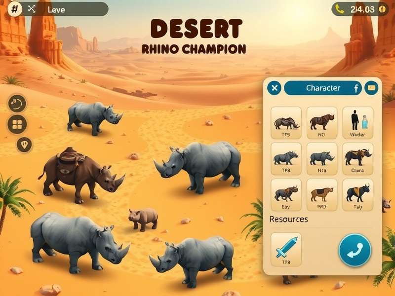 Desert Rhino Champion gameplay screenshot showing desert landscape and rhino characters