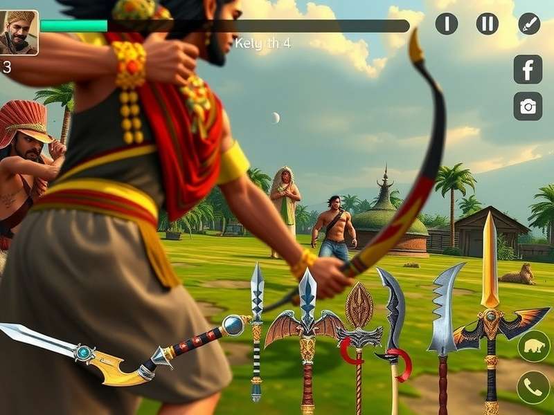 Collection of weapons available in Archero Indian Reign including traditional Indian bows and mythical weapons
