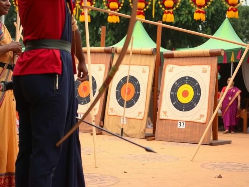Traditional Thali Archery Showdown competition with participants aiming at thali targets