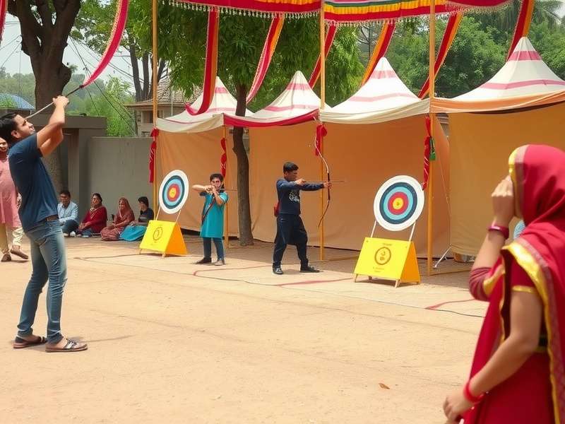 Cultural celebration surrounding Thali Archery Showdown with traditional decorations and participants