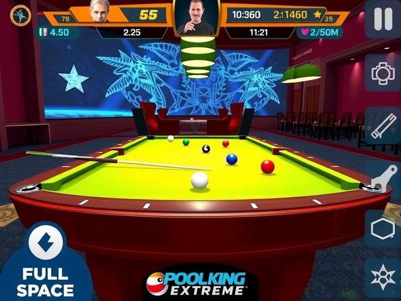 Pool King Extreme gameplay screenshot showing realistic billiards table