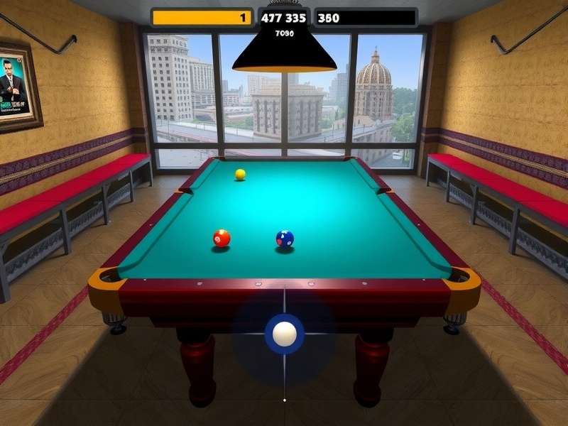Desi Billiards Prodigy gameplay screenshot showing realistic billiards table and environment